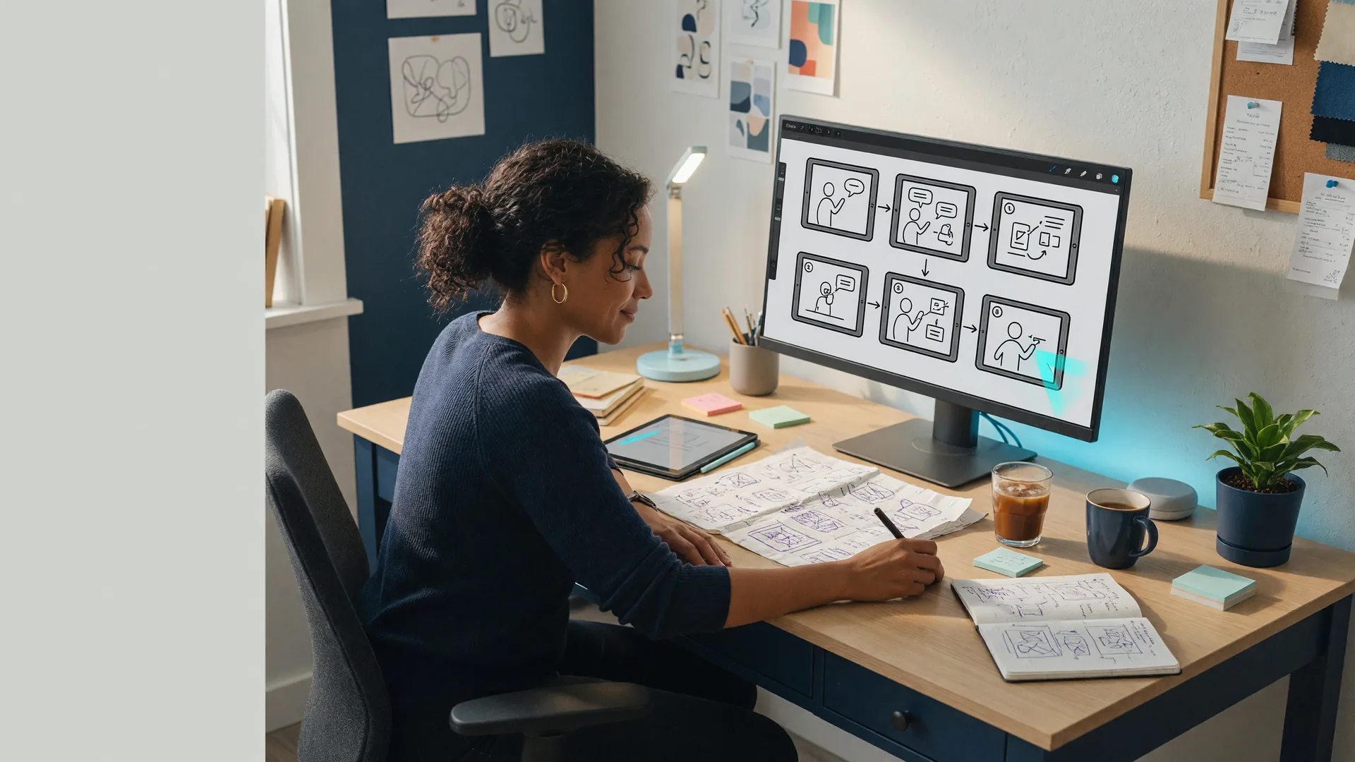 A creator organizing a hand-drawn explainer storyboard on a widescreen monitor